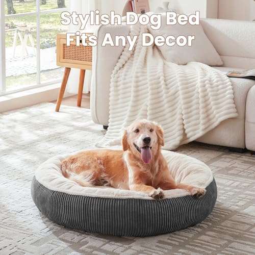 36 inches Donut Dog Bed for Large Dogs - Calming Round Pet Bed with Removable&Washable Cover, Plush Faux Fur & Corduroy, Fits Pets up to 80 lbs(Dark Grey, Large) - Image 5