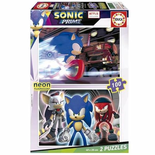 Educa - Sonic Prime Neon | Set de 2 Puzzles con 100 Piezas Que Brillan en la Oscuridad. Medida...