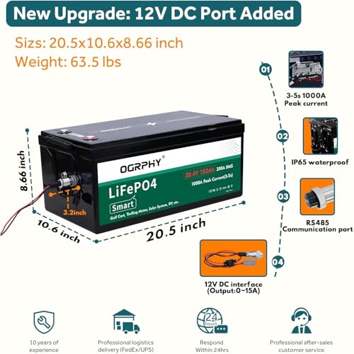 Image of OGRPHY 36V Lithium Golf Cart Battery, with 12V DC Interface, 25A Charger, Touch LCD Monitor, 200A BMS, 1000A(3-5) Peak Current 10 Yrs Lifespan Perfect for Golf Cart, Trolling Motor(38.4V 102Ah)