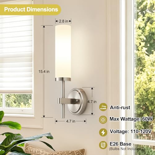 Image of [Hardwired] Wall Sconces Set of Two, Brushed Nickel Bathroom Sconces with Milky White Glass, Modern Wall Light Fixtures for Bathroom Mirror Vanity, Living Room, Hallway, Stairway, Cabinet, Foyer