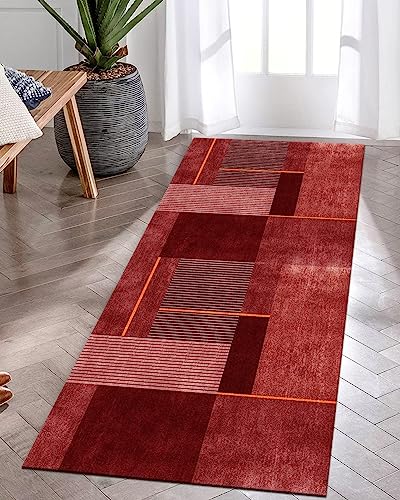 Tapis de couloir lavable 70x400 cm rouge orange en polyester résistant - 3