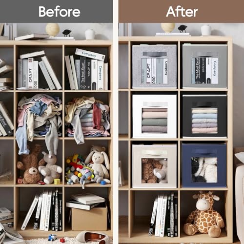 Image of Homsorout Cube Storage Bins, 6 Pack Collapsible Cloth Storage Baskets with Front Handle, Fabric Baskets for Organizing Shelves, Cube Storage Organizer Bins for Living Room, Office, Blended