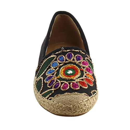 REFRESH IE90 Women's Cap Toe Espadrille Floral Stitched Flats,8.5 B(M) US,Black3