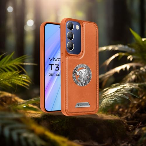 Image of Vaku Luxos Regal Shield TPU Back Cover Case for Vivo T3 5G Metal Lion Engraved Leather Stitched Design Camera Screen Protector- Brown