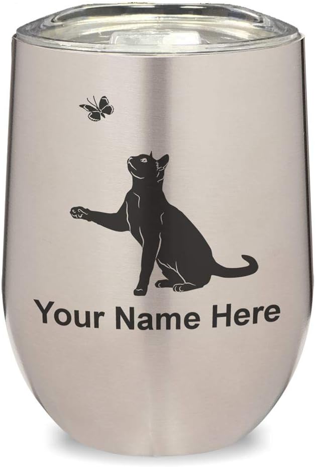 LaserGram 16oz Double Wall Stainless Steel Wine Glass Tumbler, Cat with Butterfly, Personalized Engraving Included (Black)