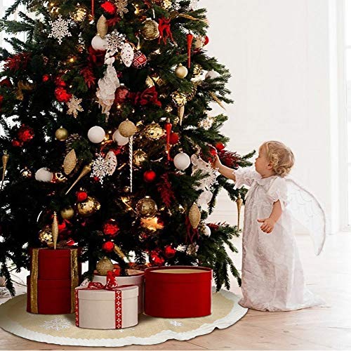 Aerwo 48Inch Christmas Tree Skirt, Burlap Tree Skirt With White Sequin Snowflake Pattern Fur Sides, Farmhouse Christmas Tree Skirts For Xmas Decoration New Year Party Supply #TOP4