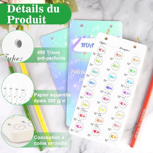 Farbkarte zum Ausmalen mit Loch, 20 Blatt, 18 x 9 cm, Farbkarte, 300 g/m², goldfarbener Ring, einseitiger Druck, geeignet für Filzstifte, Buntstifte, Aquarellmarker