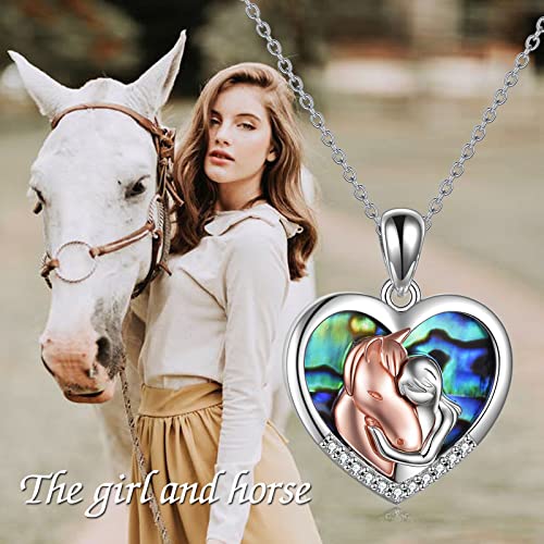 Yfn Horse Pendant Necklace Jewelry 925 Sterling Silver Girls Embrace Horse Gift For Women Girls (Horse With Girl Necklace) (C-Horse Necklace With Abalone) #TOP4