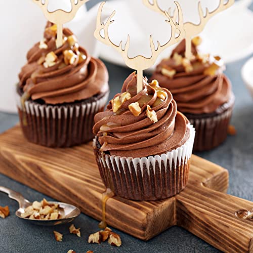 Huray Rayho Antler Cupcake Toppers Wooden Deer Cake Picks Decorations Baby Shower Wedding Hunting Boho Rustic Country Birthday Theme Party Supplies Qty 24 #TOP4