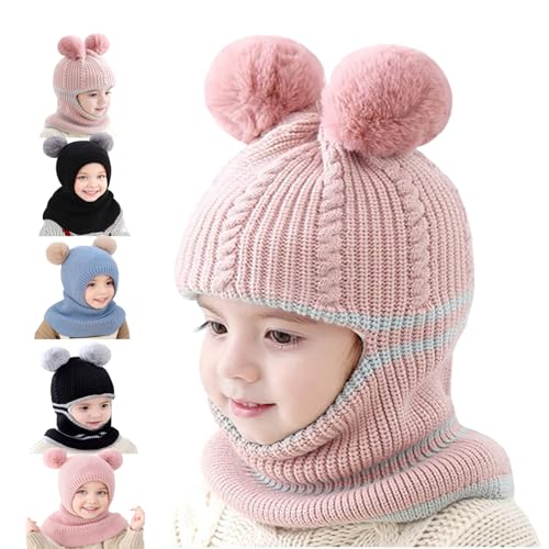 Siribelle - Siribelle Kinder Wintermütze Schals Ohrenklappe 3 in 1 Winter Strickmützen Mützen Jungen Mädchen Kleinkinder Beanie Warme Fleece-Mütze für Alter 1~5 Rosa2 - -20%