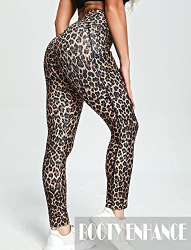FITTOO Scrunch Butt Leggings with Pocket for Women TIK Tok Anti Cellulite Booty Lifting Workout Yoga High Waisted Pants Side Pocket Cheetah Large