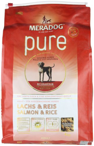 MERA PURE Adult Trockenfutter I Hundefutter ohne glutenhaltige Zutaten für sensible Hunde mit Lachs und Reis I 4 Kg