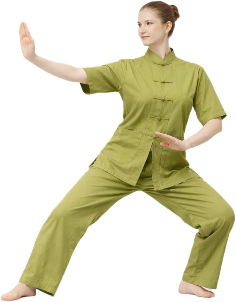Lazutom Women's 2 Piece Cotton Kung Fu Outfit Short Sleeve Frog Button Top and Drawstring Pants Set