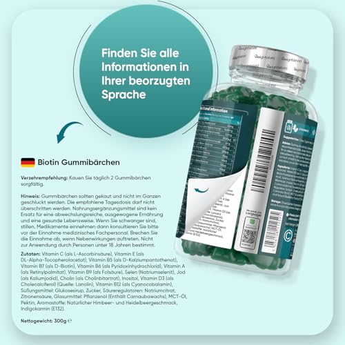 Biotin Gummibärchen - Vitamin B7 (D - Biotin) mit 5000 μg - 120 Gummies - Mit Vitamin C & E, Selen, Jod, A, B9, B6, B12, B5-2 Monate Vorrat - Natürlicher Beerengeschmack - WeightWorld