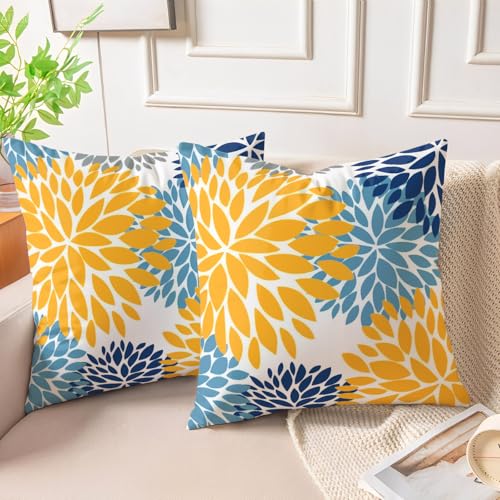 Miuyunya Lot de 2 Housse Coussin Bleu 45x45 Jaune Housses de Coussin Velours Canapé Décoratif Moderne Dahlia Motif Taie d'oreiller Carré Decoration Automne pour...