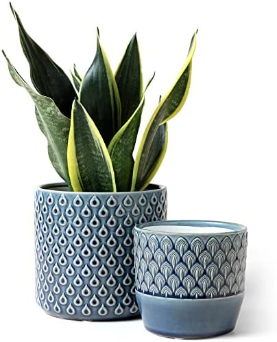 La Jolie Muse Ceramic Planter Set of 2 - 6.3 Inch Peacock Feather Pattern Embossed Flower Pot W/ Drain Hole for Indoor, Peacock Blue