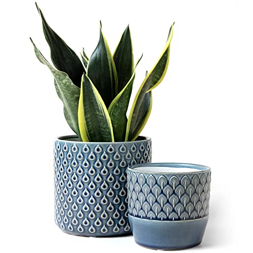 La Jolie Muse Ceramic Planter Set Of 2 - 6.3 Inch Peacock Feather Pattern Embossed Flower Pot W/ Drain Hole For Indoor, Peacock Blue #TOP2