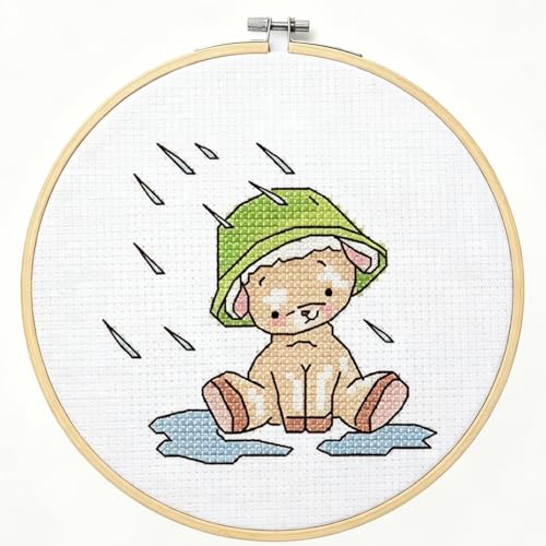 Awesocrafts Kit de punto de cruz con estampado de cordero, oveja, animal, sombrero de lluvia, charco, patrones fáciles, punto de cruz, bordado, kit de costura (oveja)