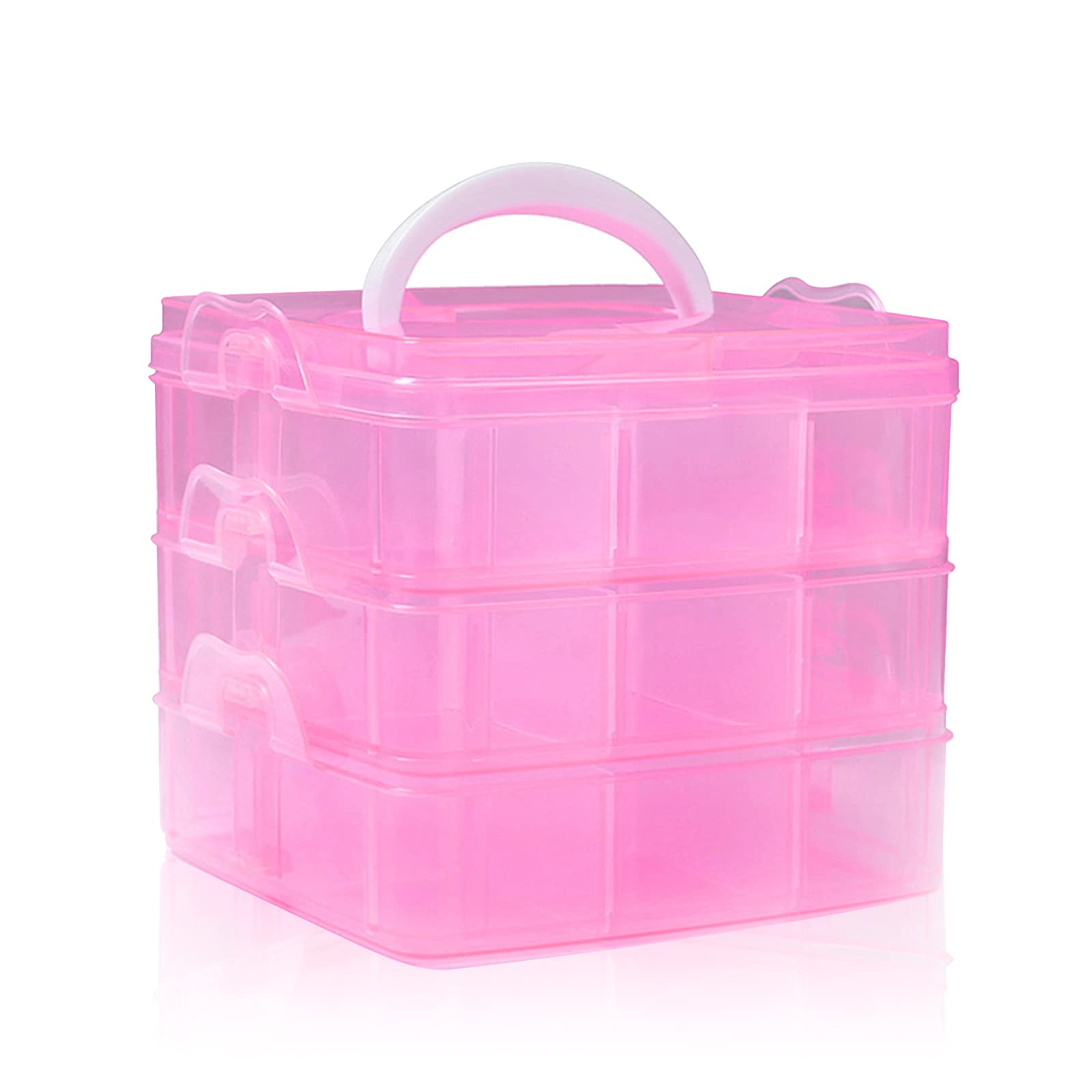 Craft Storage Box, Compartments Divider Organizer, 3 Layers 18 Compartments Transparent Detachable Storage Box with Handle for Crafts, Jewelry, Sewing Accessories (Pink)
