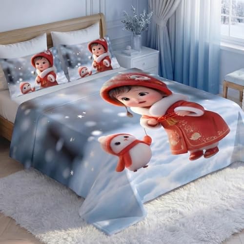 Image of 7D Fairy Tale Snow Baby Collection Double Bedsheet 90x100 inch with 2 Pillow Covers | Good Stitching, Soft Fabric & Vibrant 7D Digital Print for Kids & Couples (Red Blue)