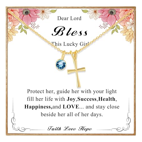 14K Gold Plated Sterling Birthstone Cross Necklace for Girls Kids Hypoallergenic First Communion Baptism Confirmation Gifts for Teenage Girls Age Daughter