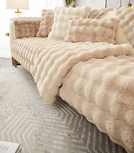 Xslive Soft Warm Faux Fur Couch Sofa Cover Thick Shaggy Fuzzy Sectional Couch Cover Non-Slip Solid Color Plush Sofa Slipcover Furniture Protector For Kids, Pets (Light Brown,28"X82") #TOP4