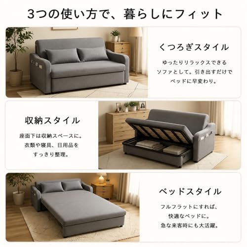 新登場折りたたみソファーベッド リクライニング対応 一人暮らし向けコンパクト設計 コットン・リネンカバー取り外し洗濯可能 省スペース 来客応対 簡単組立 グレー／オレンジ リビング・書斎・オフィスに適し (132cm,グレー) [5]