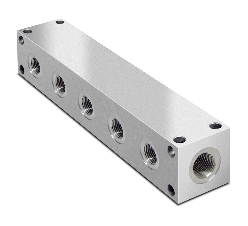 Flowfit Hydraulic Parallel Scheme Aluminium Manifold, 5 Station, 3/4" Bsp Inlets, 1/2" Bsp Service Ports