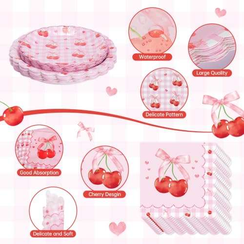 Hayfige 168 Pcs Cherry Birthday Decorations Set, Disposable Pink Bows Cherry Paper Plates and Napkins Cups Tableware for Cherries Fruit Themed Baby Shower Party Supplies Table Decoration, Serves 24 - image 3