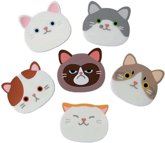 Set of 6 Cute Cat Cup Coasters Mats Silicone Rubber Faces for Wine Glass Tea Home Gift Idea