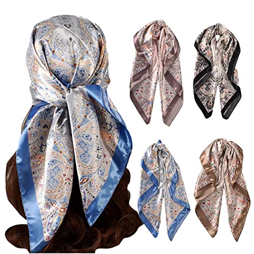 Upeilxd 4Pcs Silk Head Scarves For Women Satin Hair Scarf 35”Large Square Bandana Silk Like Neck Scarf Shawl Sleeping Headscarf(Blue/Black/Purple/Khaki) #TOP15
