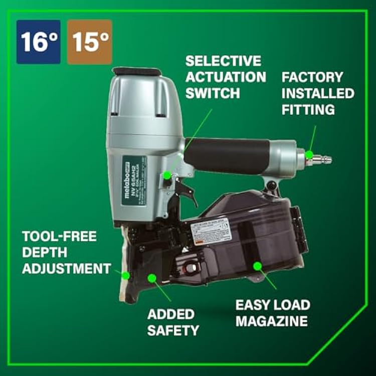 Metabo HPT Coil Siding Nailer, Pro-preferred Pneumatic Power Nailers in Siding Tools, For Sheathing, Decking & Fencing, 15 Plastic Collated Nails and 16 Wire Coil Nails, NV65AH2