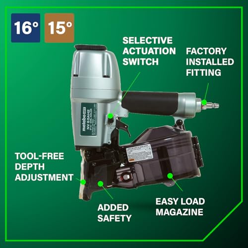 Metabo HPT Coil Siding Nailer, Pro-preferred Pneumatic Power Nailers in Siding Tools, For Sheathing, Decking & Fencing, 15° Plastic Collated Nails and 16° Wire Coil Nails, NV65AH2