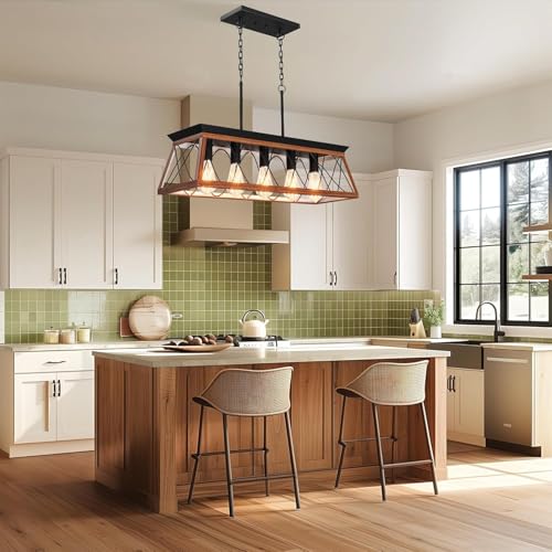 DWVO 5-Light Pendant Lights Island Fixture, Farmhouse Rustic Rectangular Chandelier for Dining Room, Kitchen, Living Room, Entryway