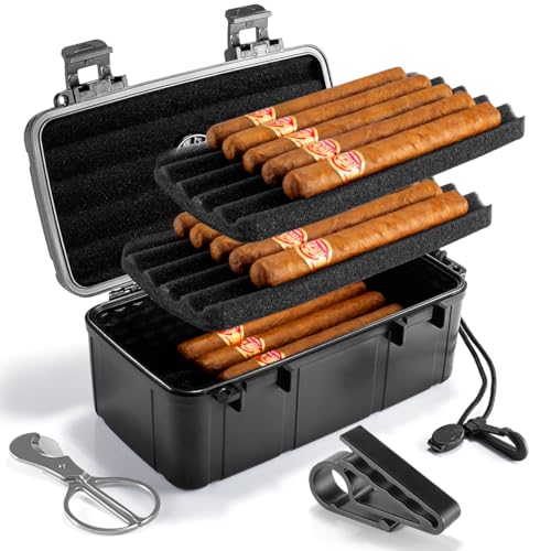 Marvero Portable Cigar Humidor Case - Travel Cigar Box with Built-in Humidifier Disc, Cigar Bands, Golf Holder & Cigar Cutter | Airtight | Portable | Water/Crushproof (Holds up to 15 Cigars)