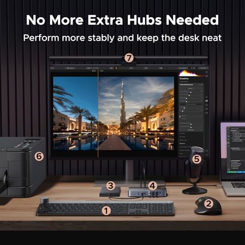 UGREEN 2인치 7-Out USB 3.0 스위치, USB A 및 C 장치를 공유하는 2대의 컴퓨터용 USB 스위치 (4USB-A + 3USB-C), 컨트롤러가 있는 USB 스위치 공유 키보드 및 마우스, USB-C 수 어댑터, 전원 어댑터 — 사진 4