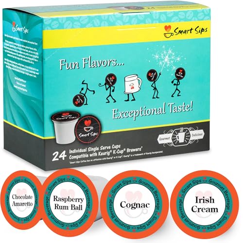 Smart Sips, Liquor Lovers Flavored Coffee Variety Sampler- Raspberry Rum Ball, Cognac, Irish Cream, Chocolate Amaretto, 24 Count for Keurig K-cup Brewers