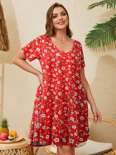 Image of ZENNILO Women's Plus Size Swing Dress with Pockets Casual Summer Dresses V Neck Short Sleeve T Shirt Dress for Women