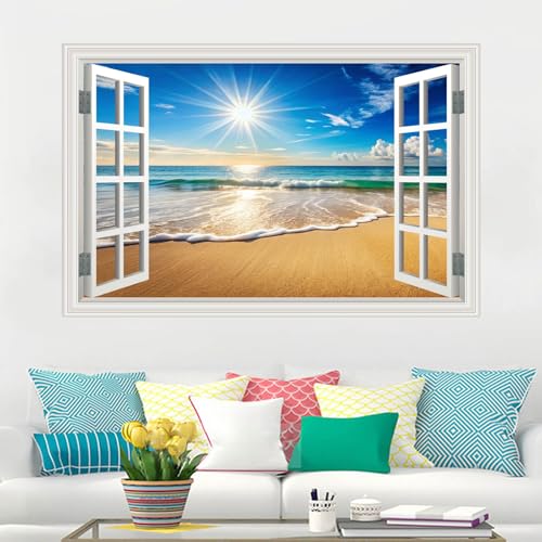 Fake Window Wall Decals Beach Ocean Sea Faux Window Wall Sticker Art Picture Poster Coastal Room Decor, Stick and Peel Landscape Natural Scenery Sunrise Seascape Scene Mural（48"x32"） by ATSHXYDY - Used condition - Image 5