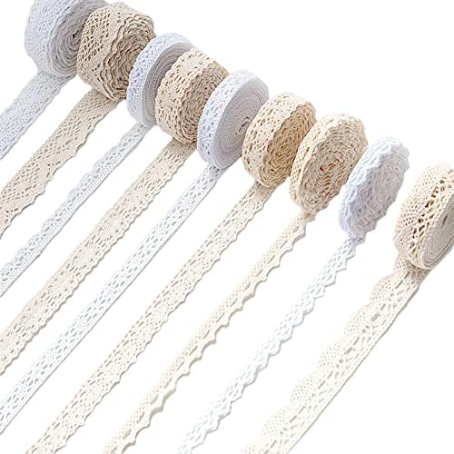 Ribbon Lace 45 Yards Vintage Ribbon Cotton Lace Ribbon Craft Lace Crochet Sewing Lace for Gift Package Wrapping, Bridal Wedding Decoration, Scrapbooking Supplies (Beige+White)