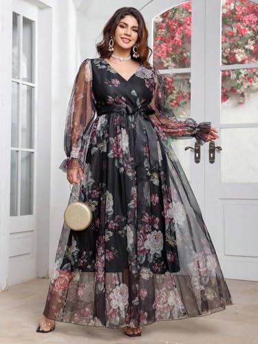 Image of Spring Summer 2024 Plus Size Womens Dresses V Neck Casual Elegant Long Sleeve Floral Print Maxi Dress