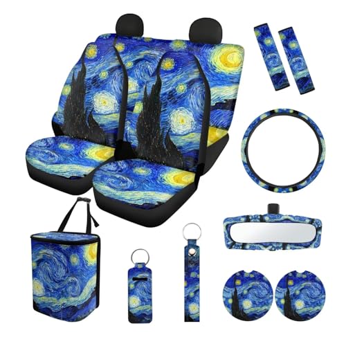 Suobstales Starry Night Print Car Accessories Car Seats Cover Protector, Steering Wheel Covers, Seatbelt Cover, Car Trash Can, Cup Coasters, Rearview Mirror Cover, Keychains, Pack of 13