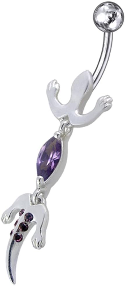 CZ Crystal Gemstone Stylish Movable Lizard Dangling 925 Sterling Silver Belly Ring Body Jewelry