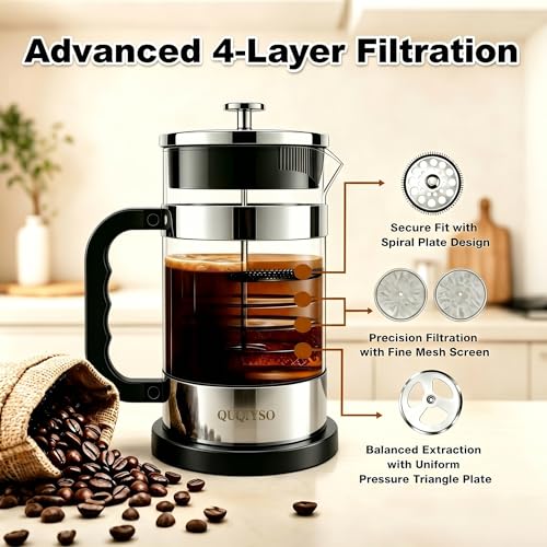 Image of QUQIYSO French Press Coffee Maker 34oz, Thickened Glass Coffee French Press | Stainless Steel Coffee Press, 4 Filter Easy to Clean, Cold Brew Coffee Maker, Suitable for Kitchen Party Gifts(Silver)