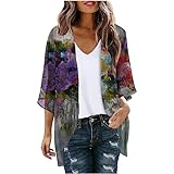 Kimonos for Women Floral Short Sleeve Cardigan Summer Casual Loose Open Front Beach Cover Up Chiffon Resort Wear