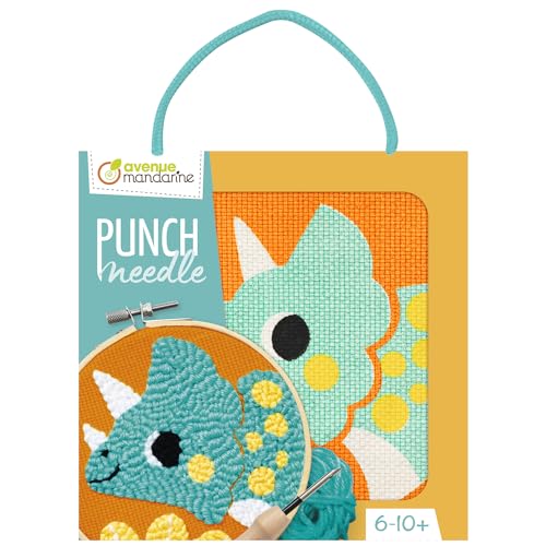 Avenue Mandarine KC162C - Cuadro de bordar punch needle, kit de punto de cruz infantil a partir de 6 años - Dinosaurio para coser tejido de 18 x 18 cm, aguja punch needle, aguja de plástico,