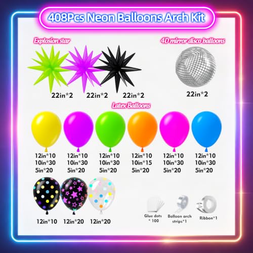 Image of 408Pcs Neon Balloons Arch Garland Kit with Glow in the Dark Balloons, Neon Balloon Arch Kit for Back to 80s 90s DISCO Birthday Party Let's Glow Party Rock Roll Fiesta Party Decorations