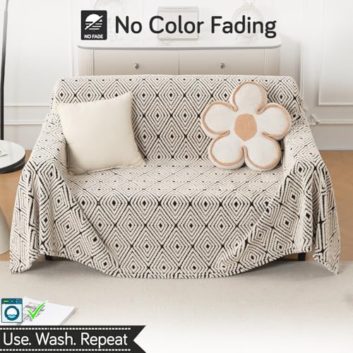 Image of HOKIPO Plush Sherpa Sofa Cover for 2 Seater Sofa | Thick Cozy Washable Sofa Throw | Full Protection Sofa Cover, 'Noirea Series' Geometric Diamond (180x250 cm) (AR-6652-D6)