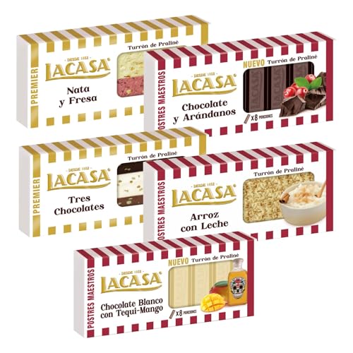 Surtido Turrones Lacasa: 5 tabletas de turrón variadas: Chocolate y almendra, Arroz con leche, Chocolate y arándanos, Chocolate y café y Nata y fresa