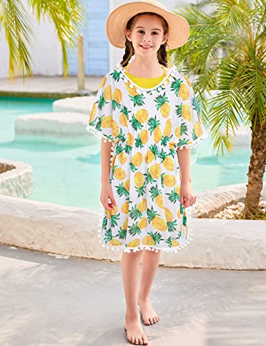 Girl's 3 Piece Hawaiian Swimsuits Bathing Suit Cute Fashion Bikini Yellow Pineapple Top Set Gifts 8-9 Years Old Tween Kids Tankini Swimwear With Cover Up Pompom Tassel #TOP1